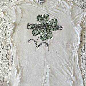 bebe White T-Shirt with Green Clover Design